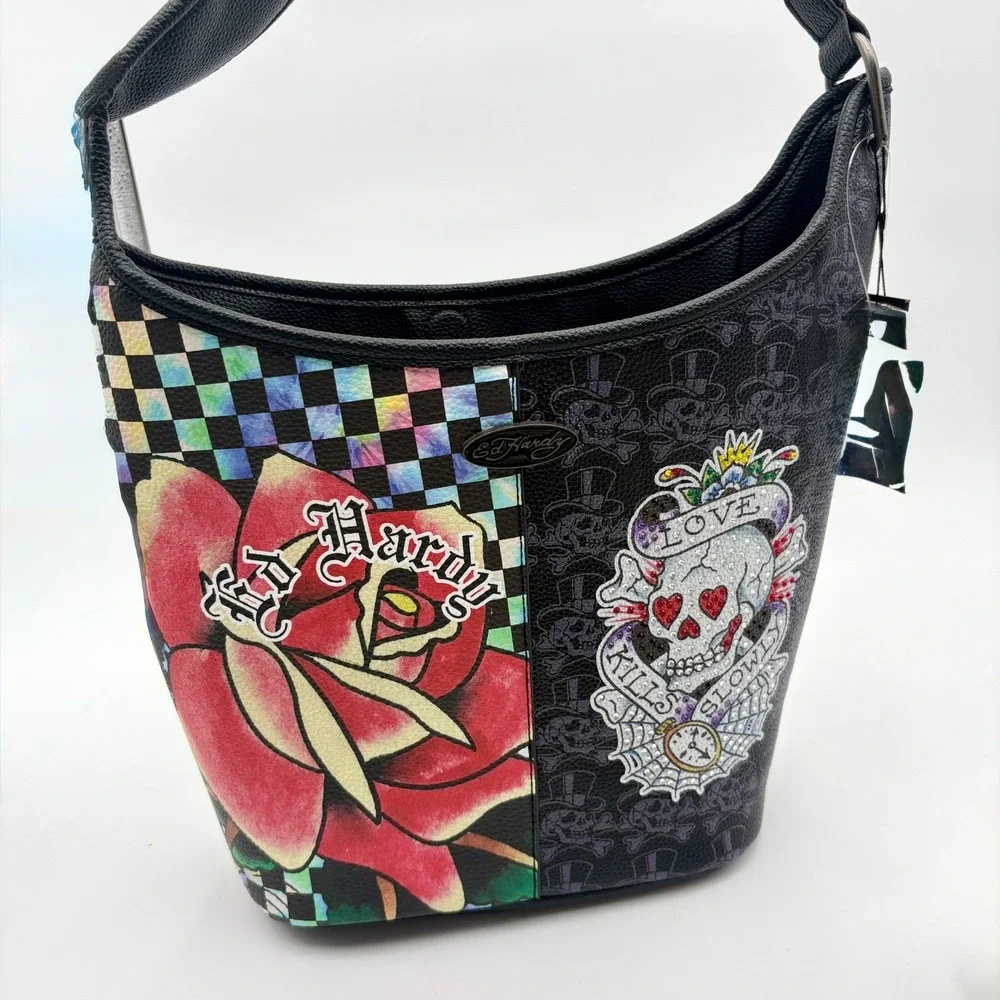 Ed Hardy Hobo Bag Rose Skull Tattoo‎ Checkered Print Shoulder Bag Purse Y2K